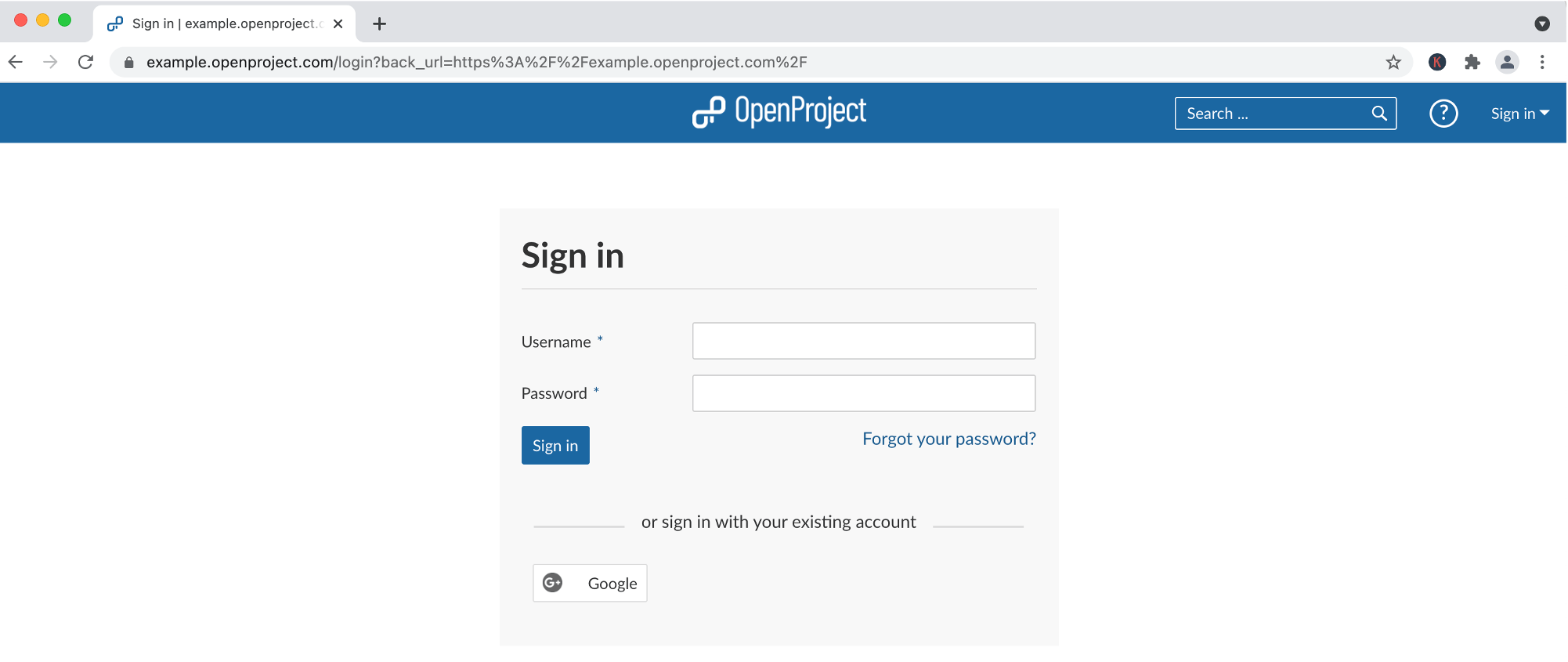Screenshot openproject sign-in page