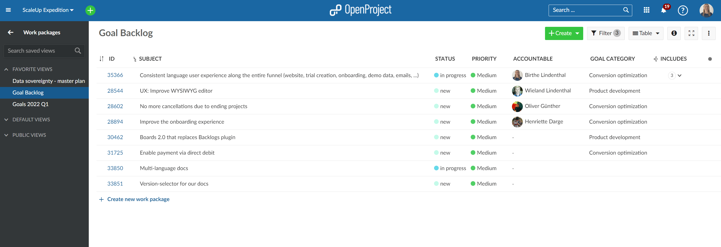 OpenProject Ziele Backlog