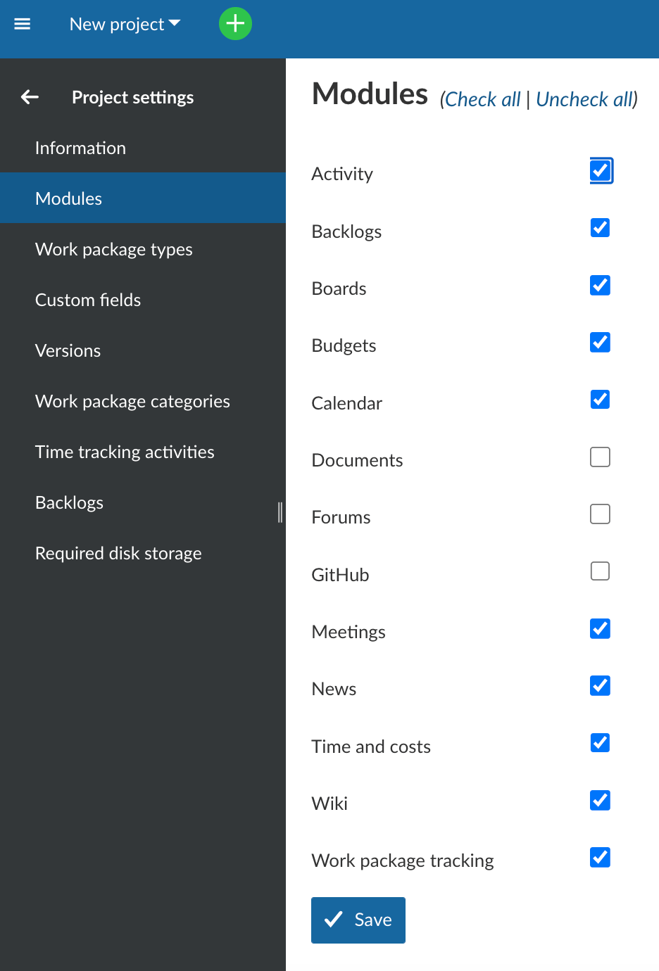 showing all modules with tick boxes to activate or deactivate