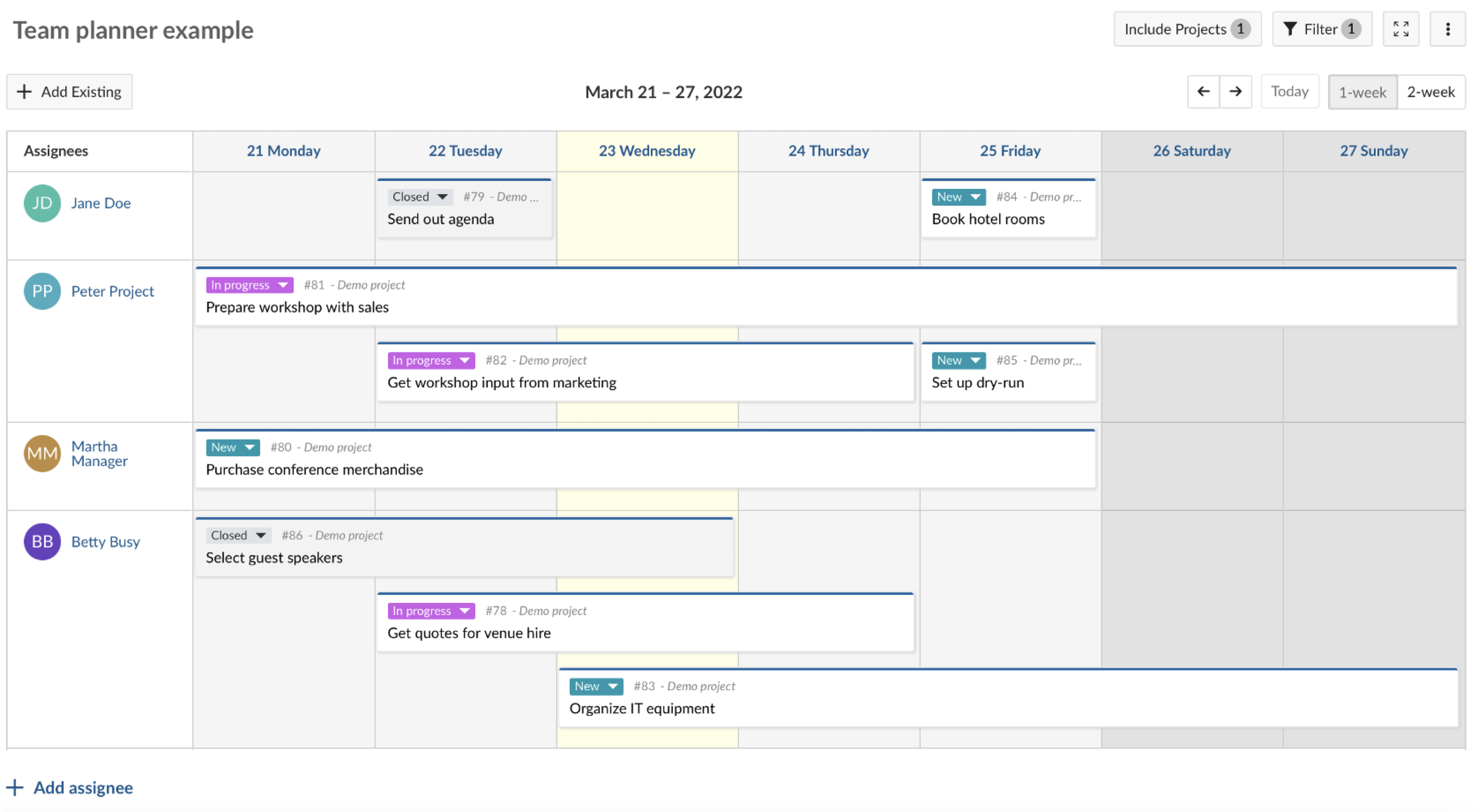 team planner with assignees and work packages by day of one week