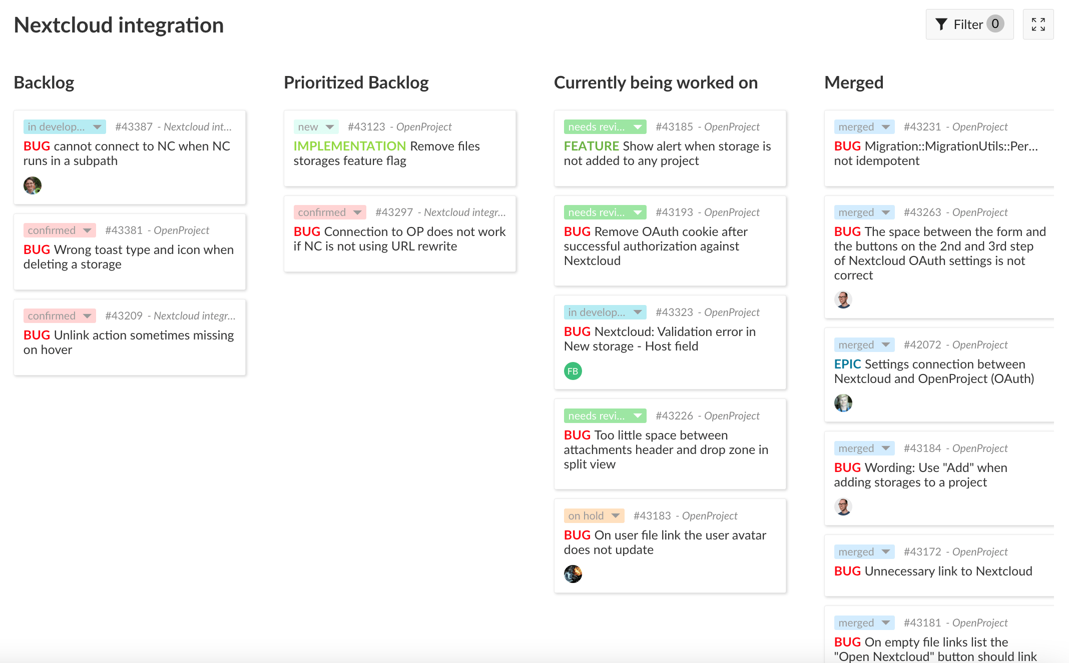 Agile board with four lists and work packages