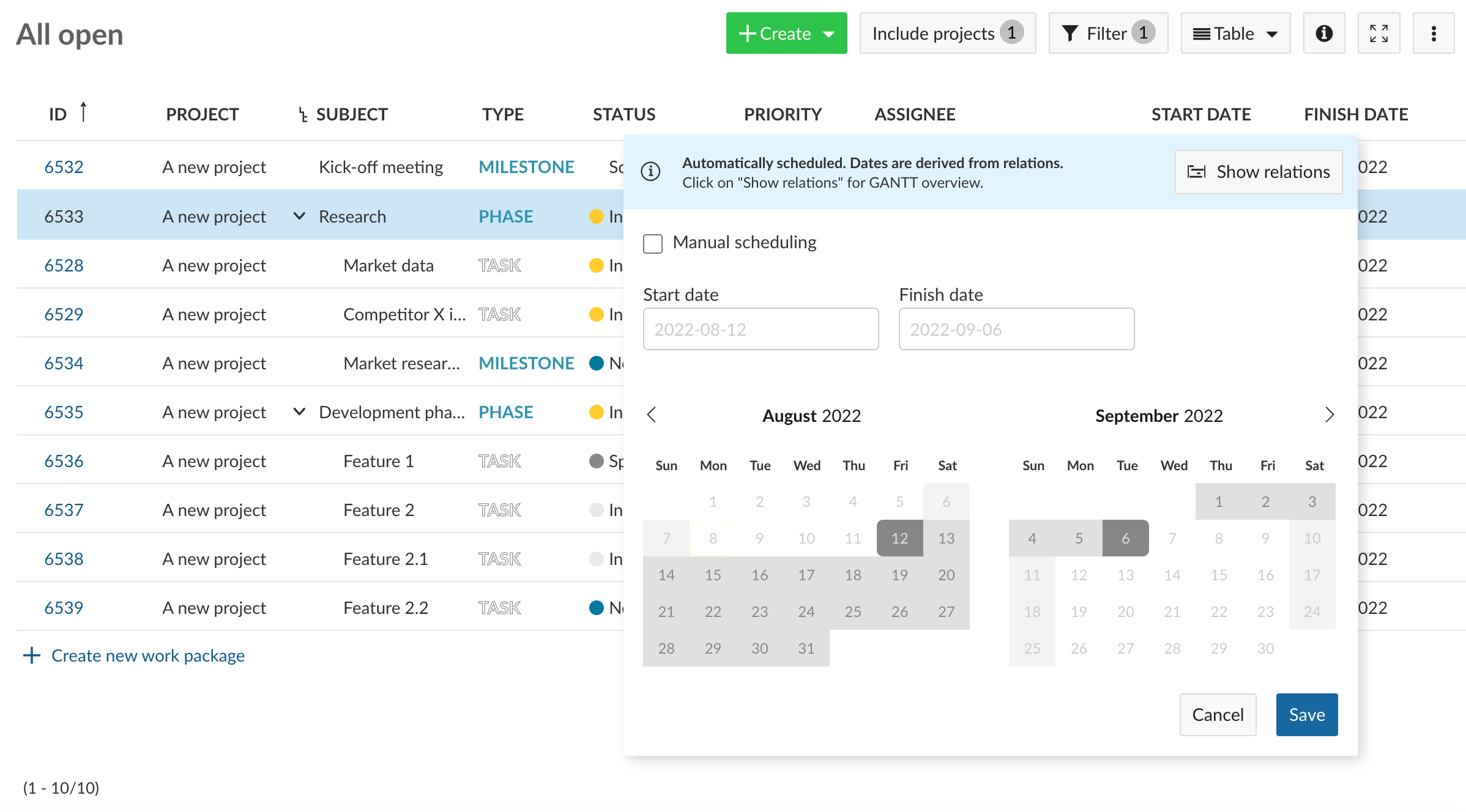 work package table split view with diary open with blue warning that this work package is automatically scheduled