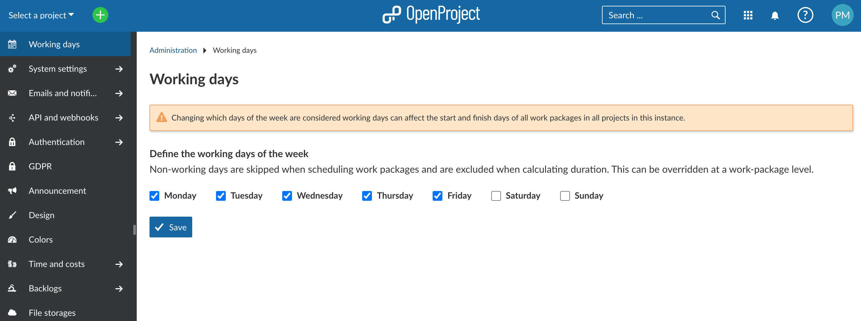 admin settings open working days tab