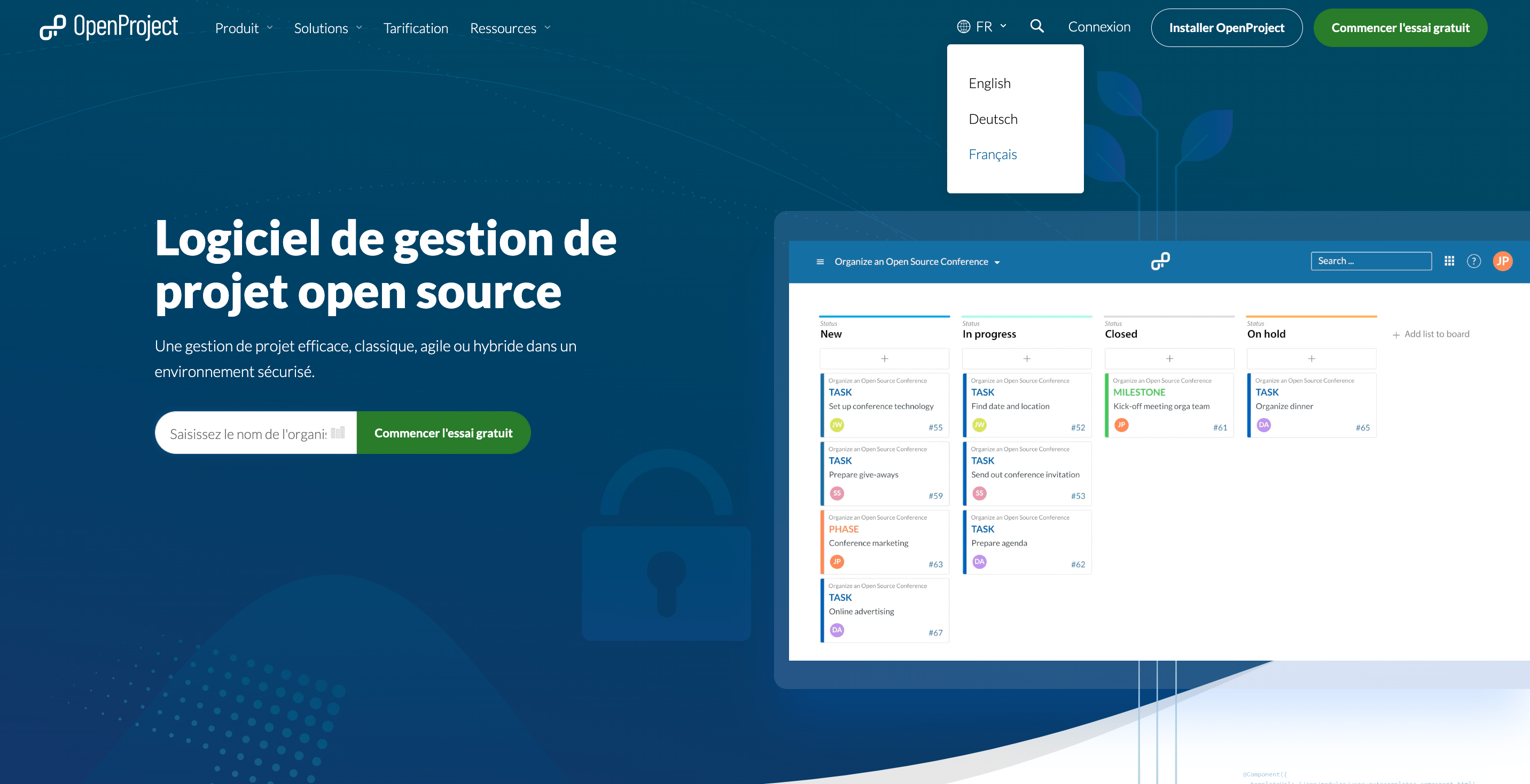 homepage OpenProject in French
