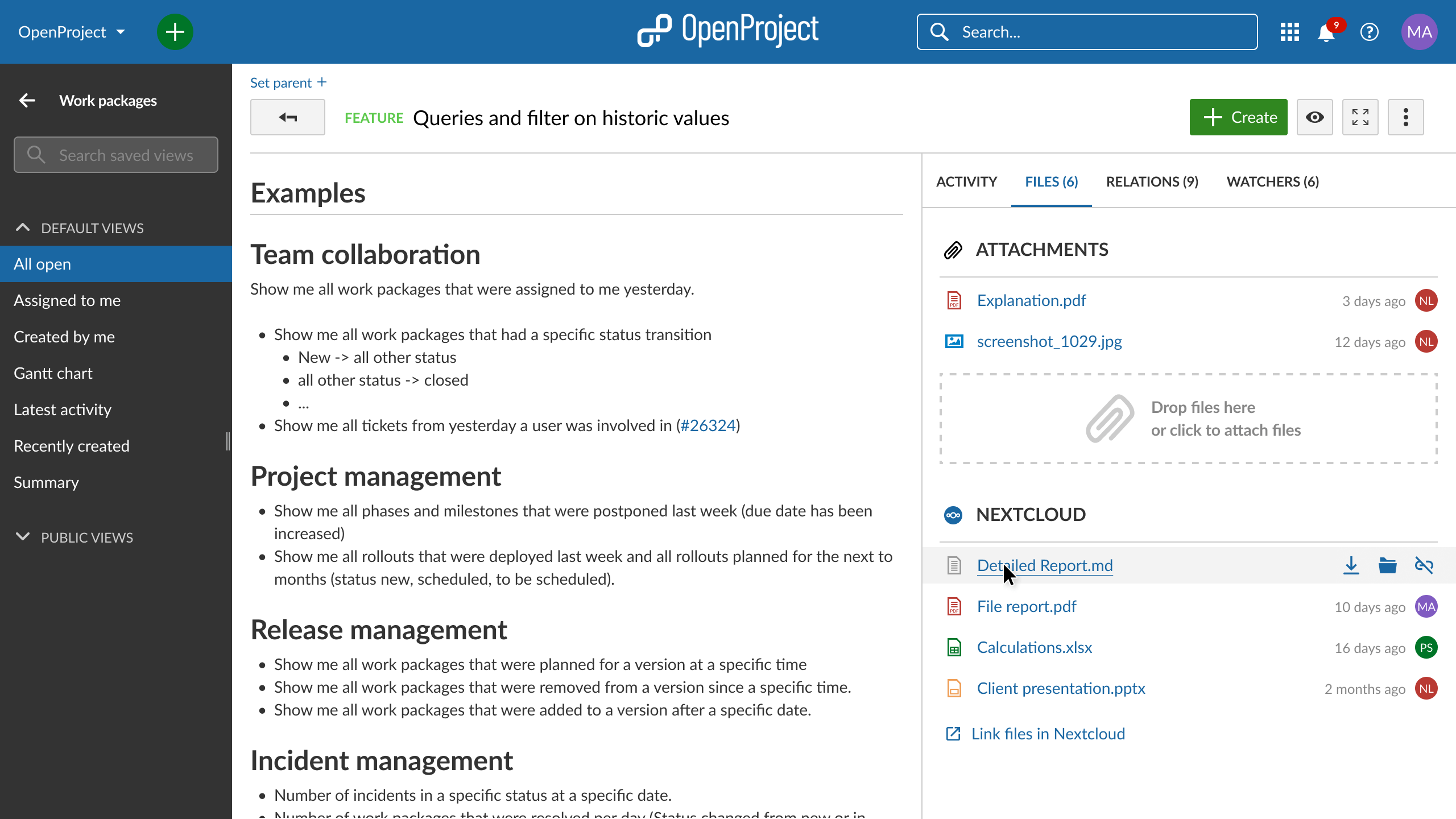 work package detail view in openproject with files tab open showing nextcloud files