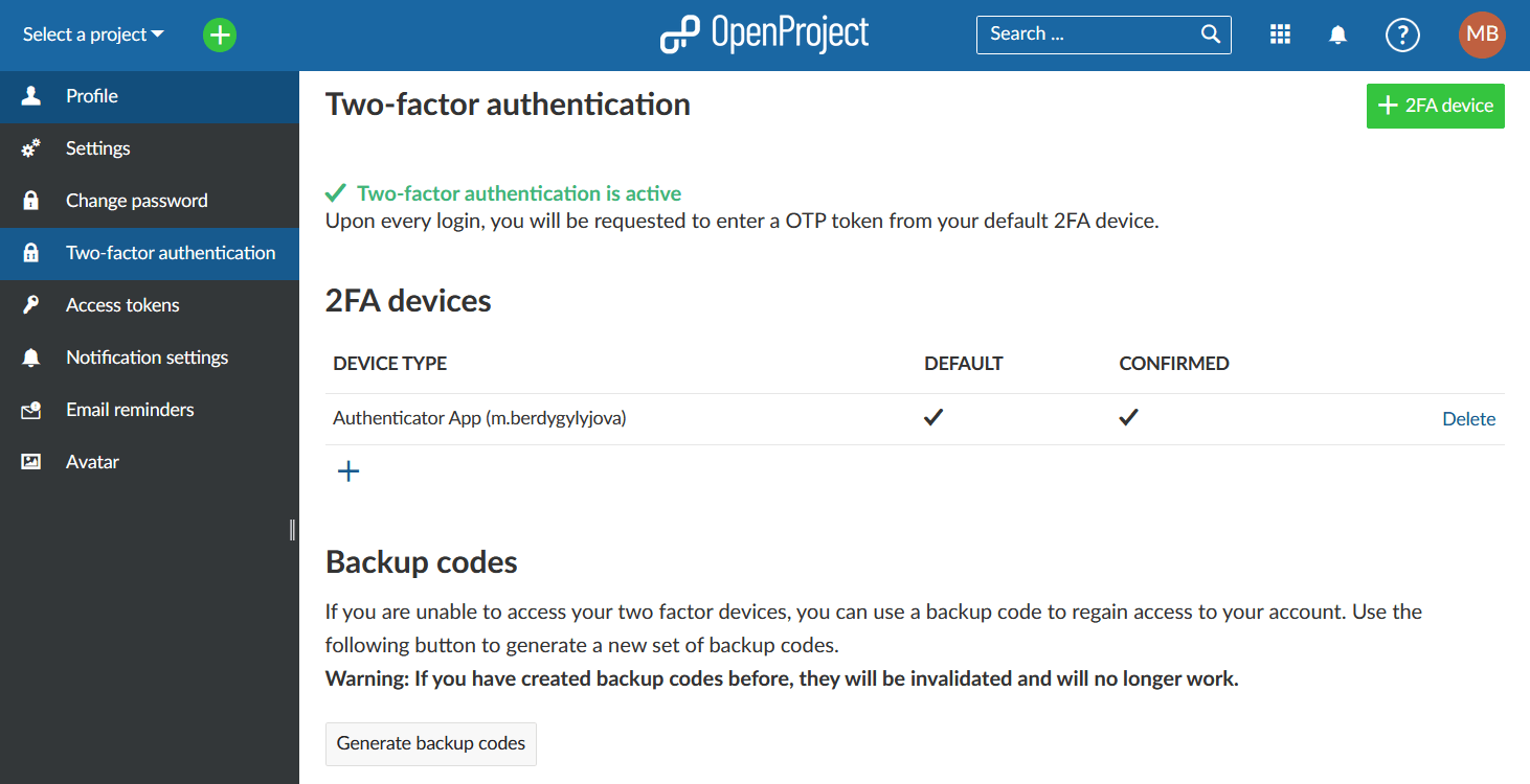 2-factor authentication activation in profile settings
