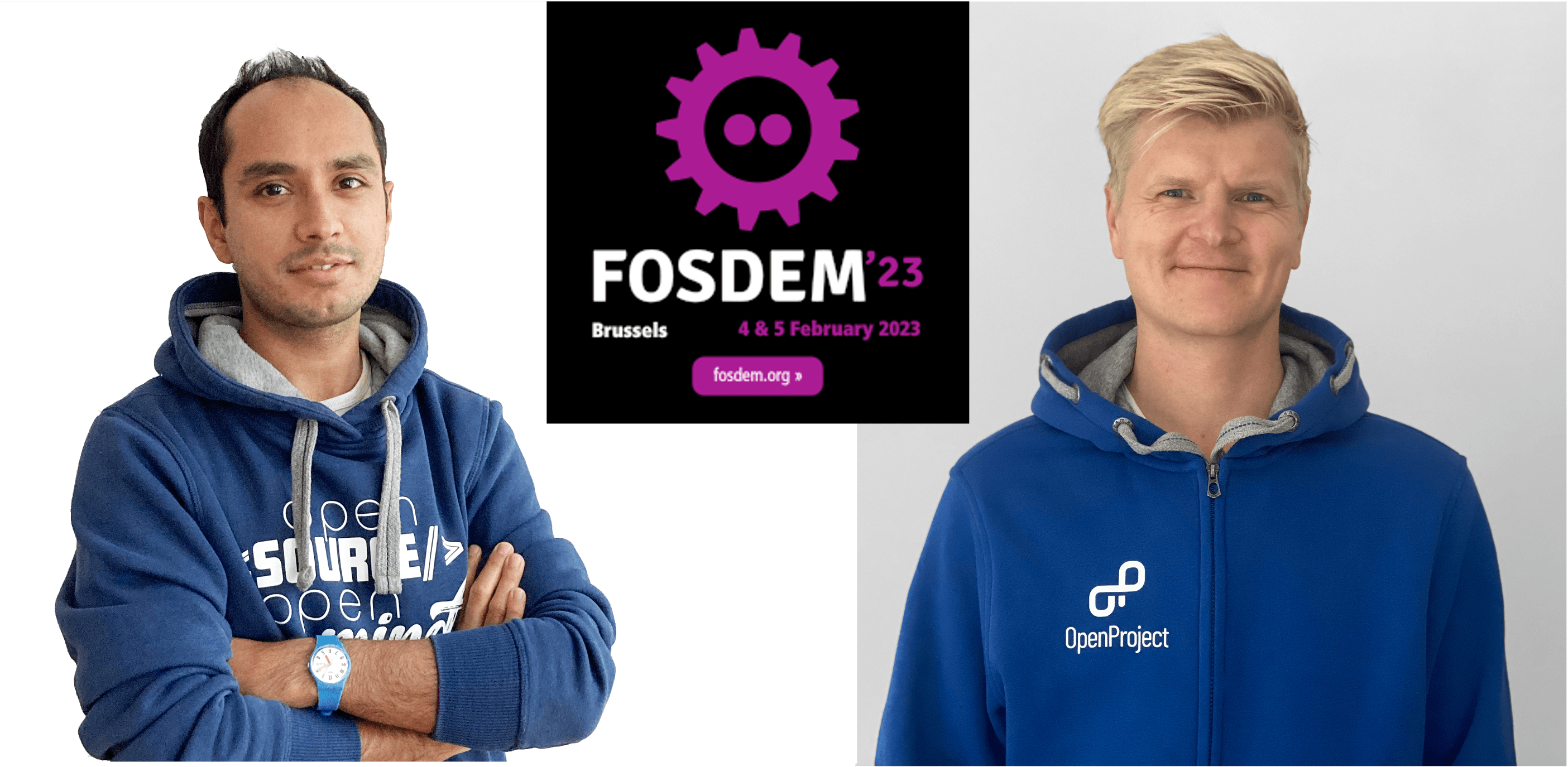 Pictures of Wieland and Parimal and the FOSDEM 2023 logo