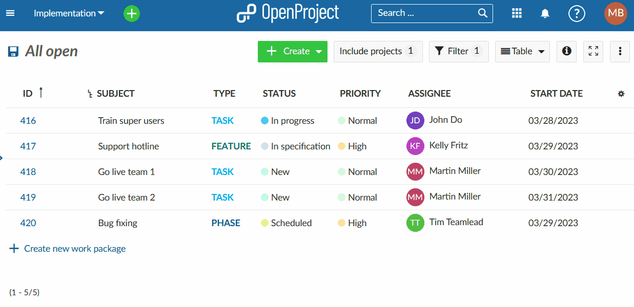 OpenProject Arbeitspaket in der Listenansicht erstellen