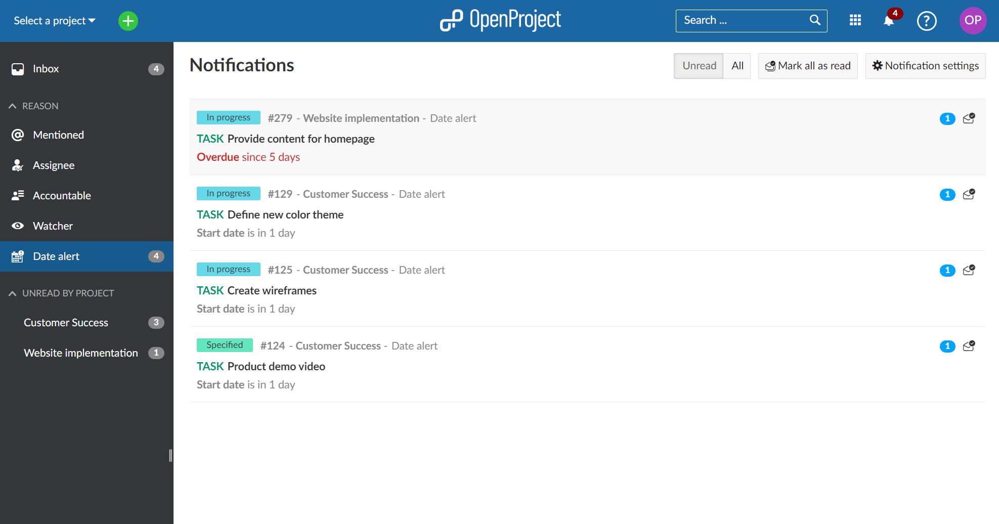 OpenProject notifications approaching date