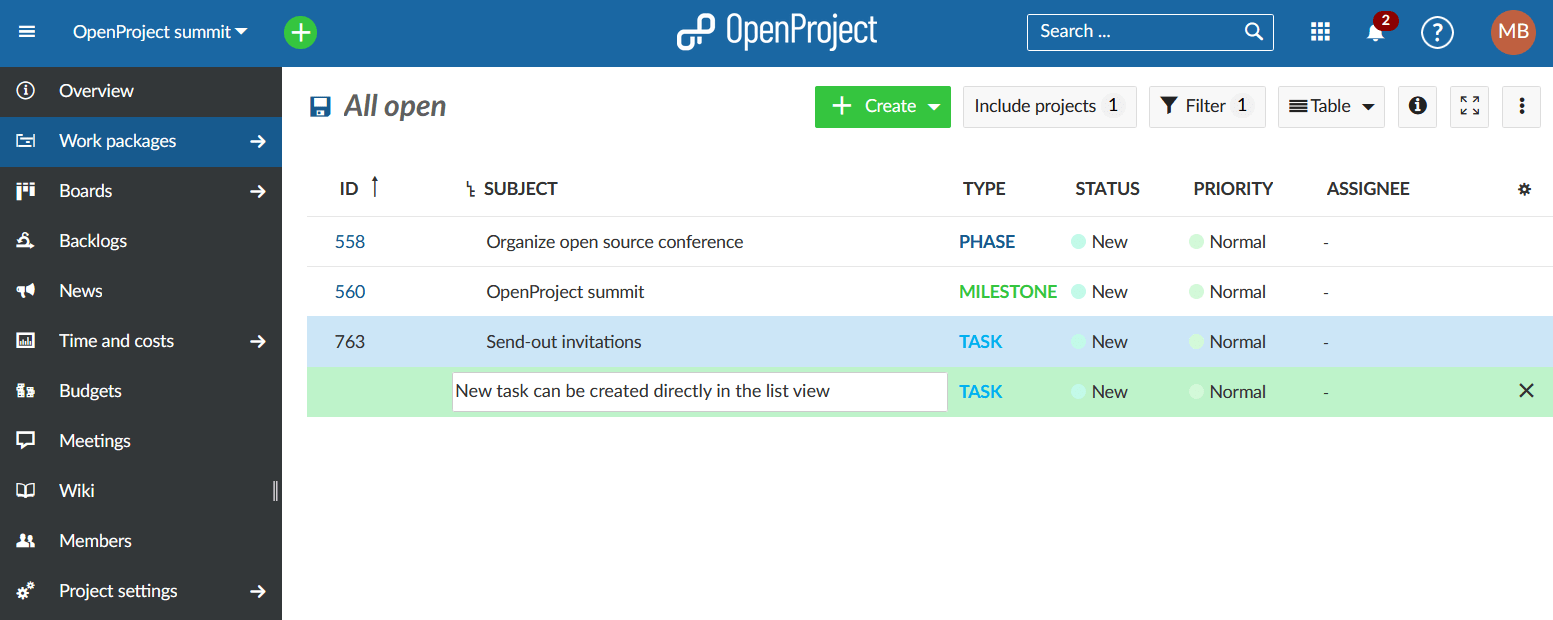 OpenProject issues list view