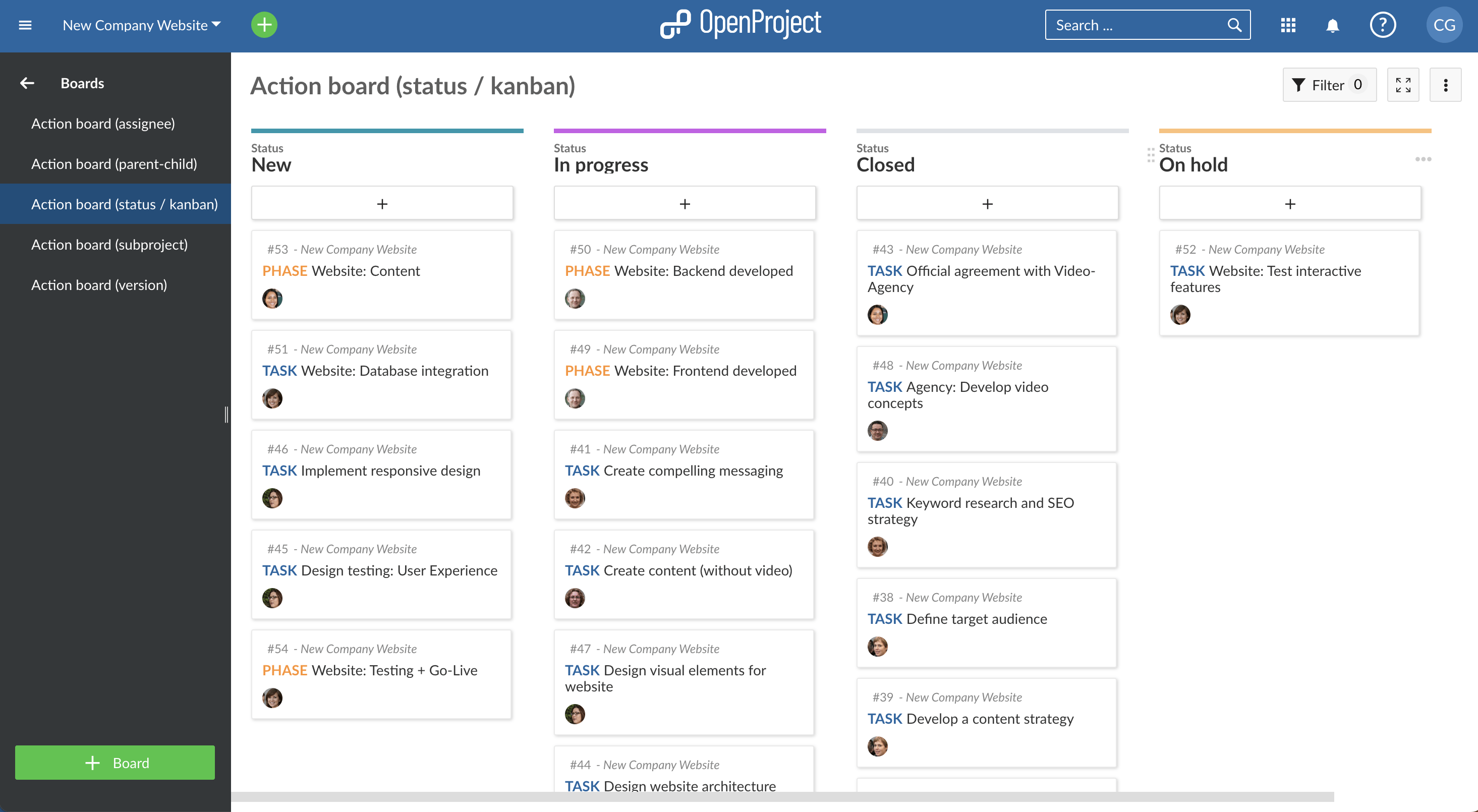 Agile Action Board of type Status