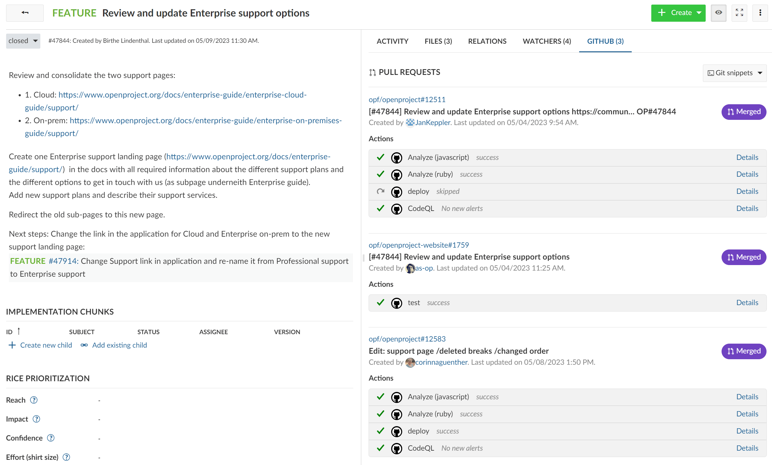 Pull requests on OpenProject GitHub tab