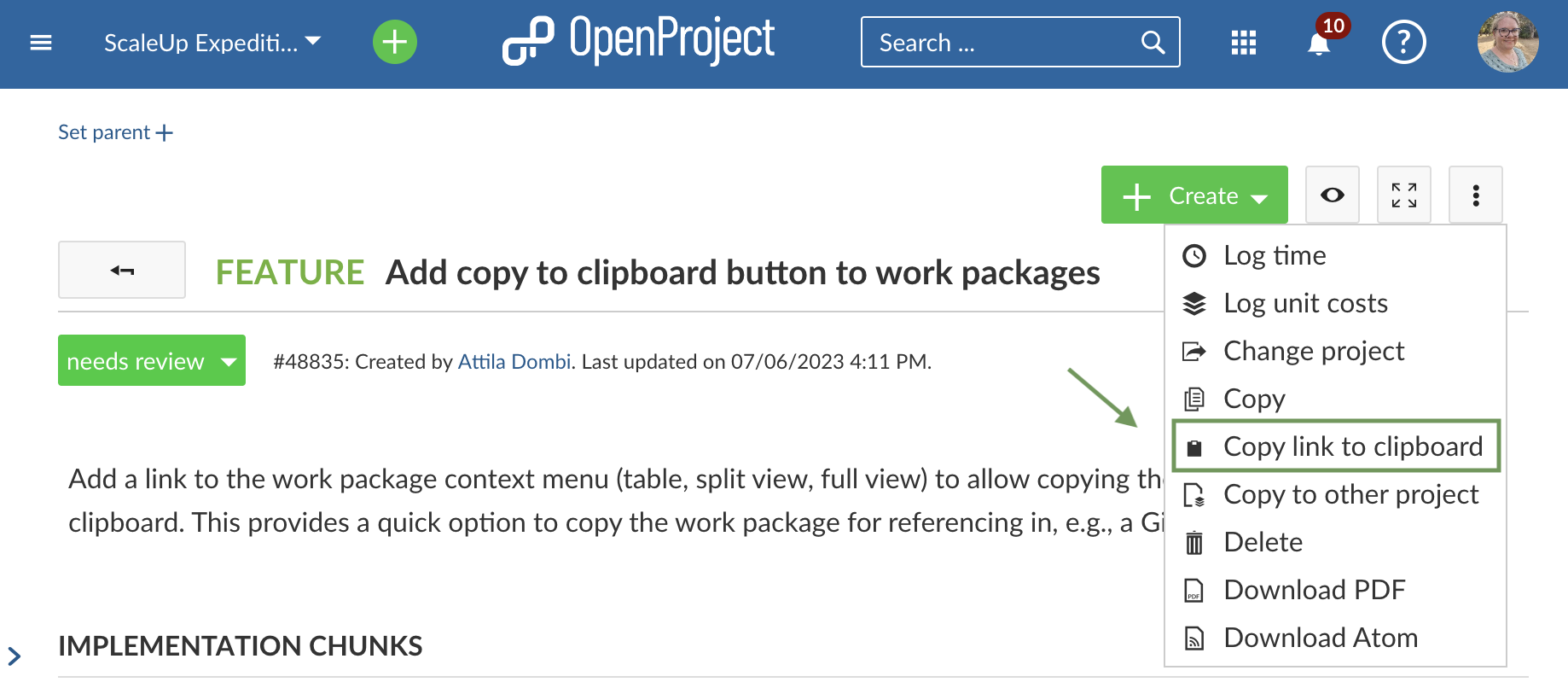 Screenshot: copy link to clipboard