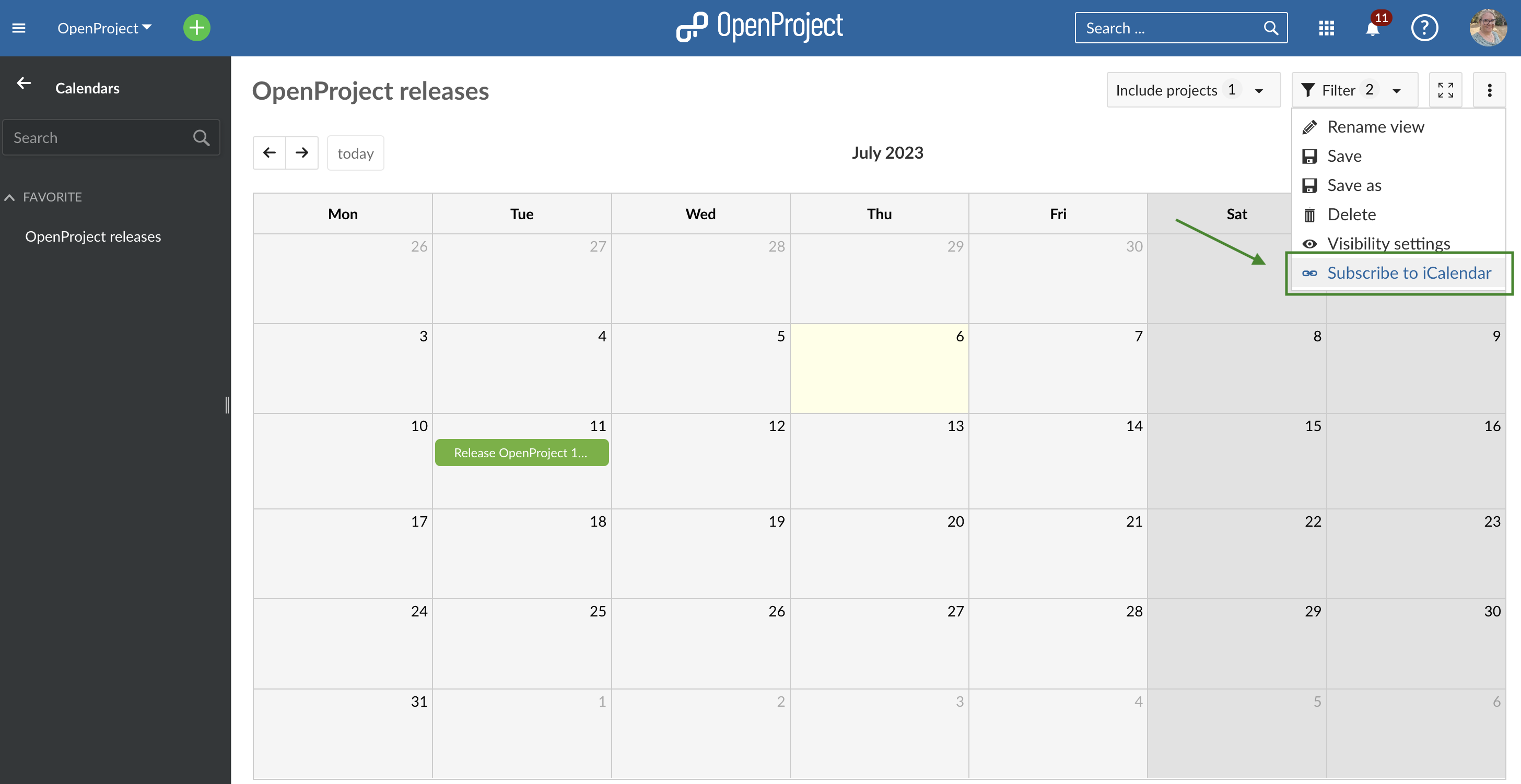 Screenshot OpenProject share release project calendar