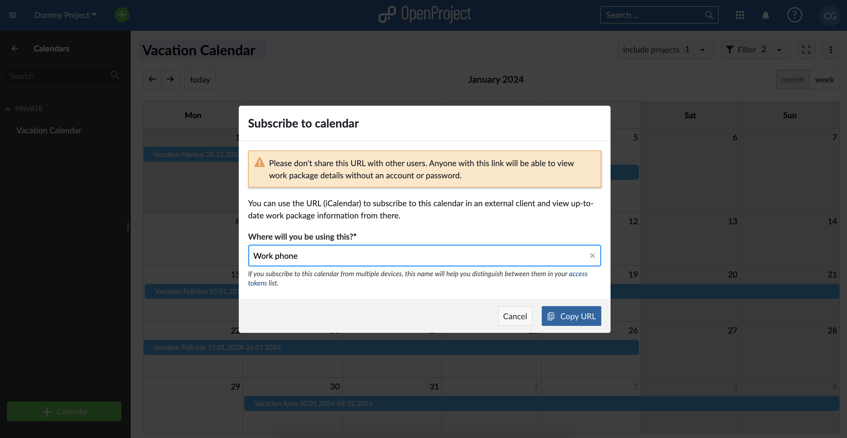 Screenshot Calendar Subscription with OpenProject - Settings