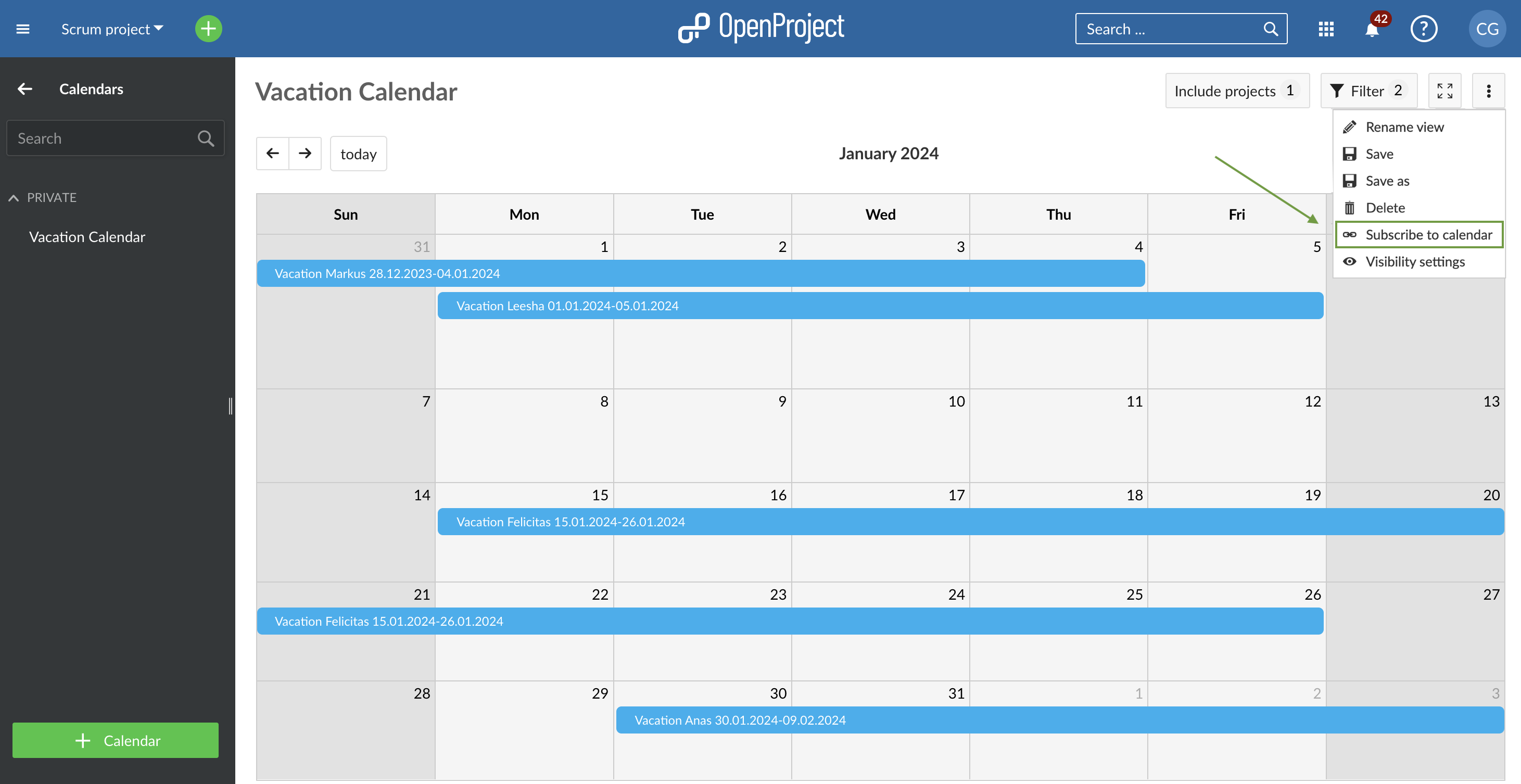 Screenshot Calendar Subscription with OpenProject - How to navigate to the feature