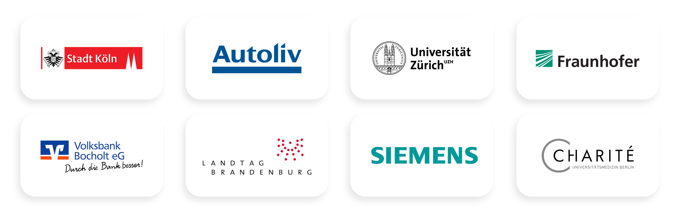 Customers of OpenProject: Stadt Köln, Autoliv, Universität Zürich, Fraunhofer, Volksbank Bocholt, Landtag Brandenburg, Siemens, Charité Berlin