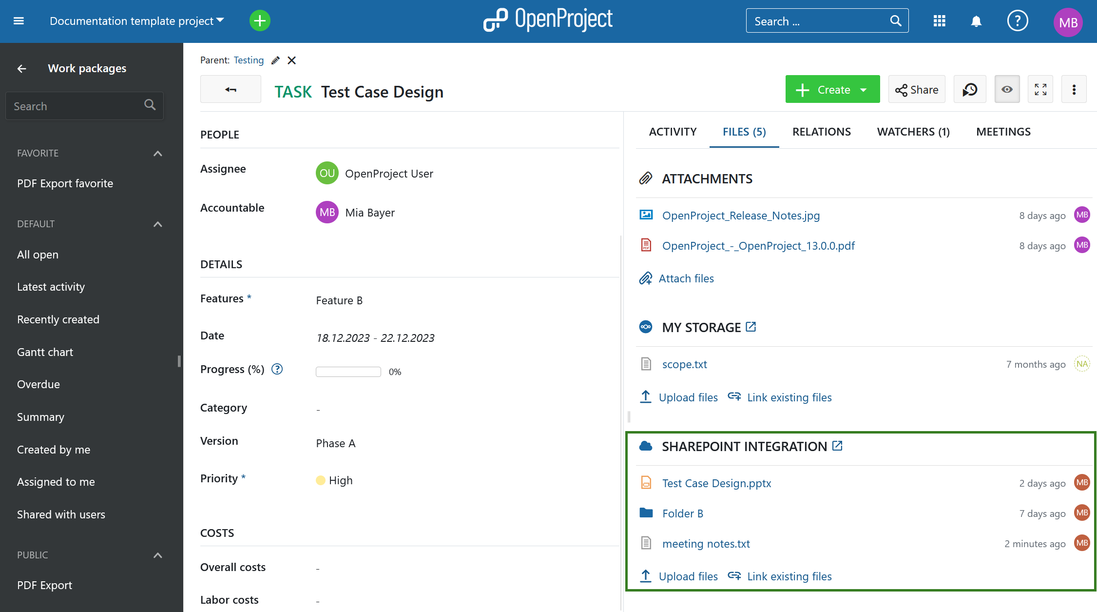 Screenshot of the new SharePoint integration coming with OpenProject 13.1