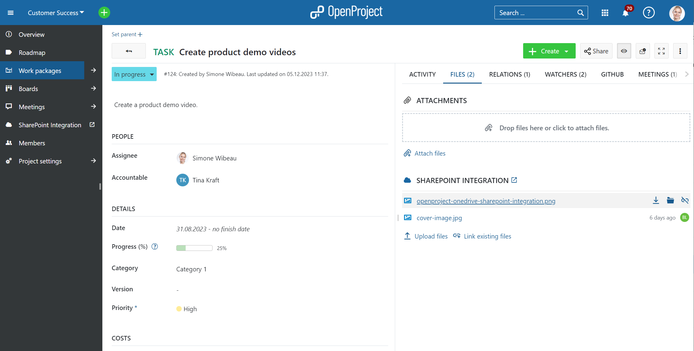 Screenshot of the SharePoint integration
