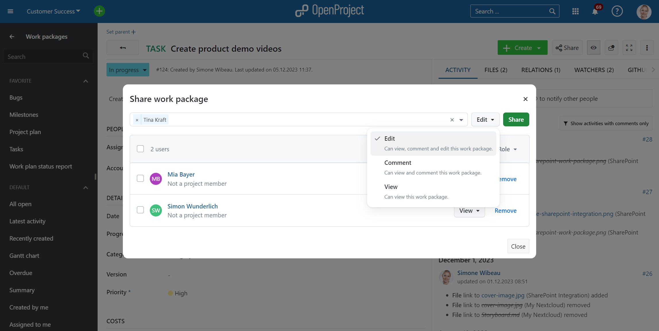 Screenshot of the Share work packages feature