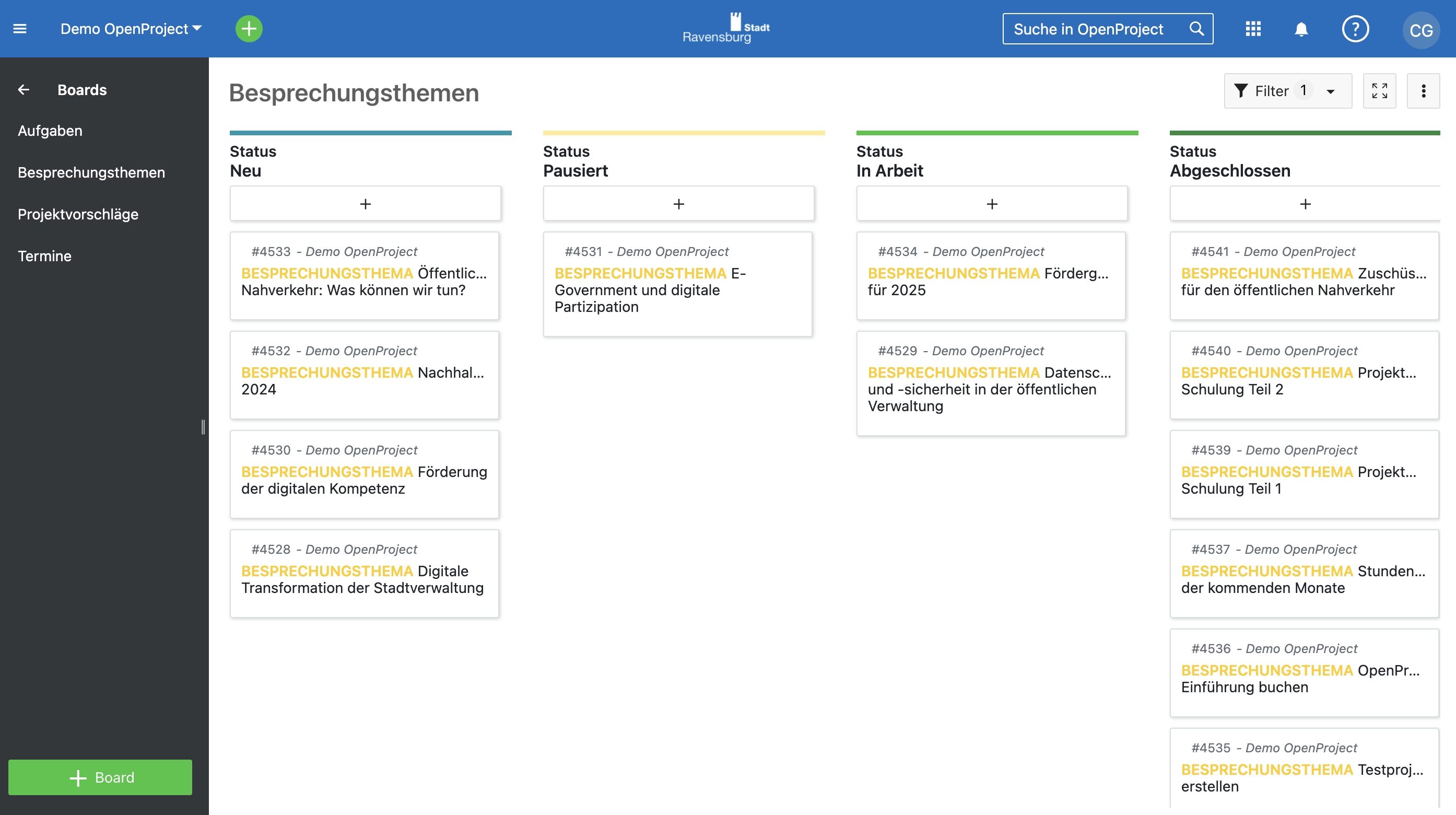 work packages of the type agenda item displayed in board view - Demo project City of Ravensburg