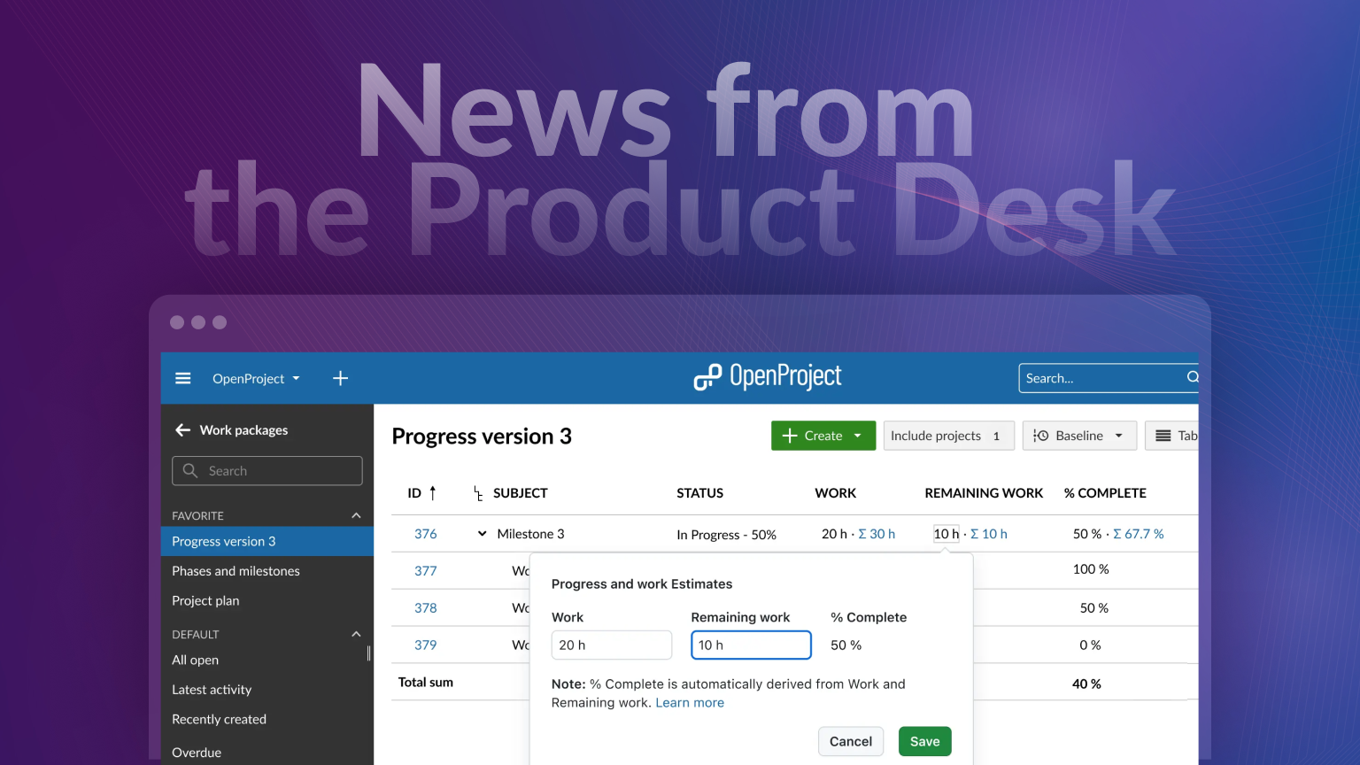 News from the product desk: Screenshot of the new progress reporting with OpenProject