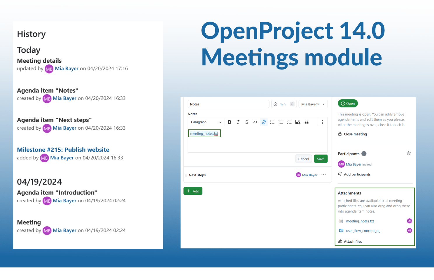 Screenshots for new features for OpenProject’s Meetings module