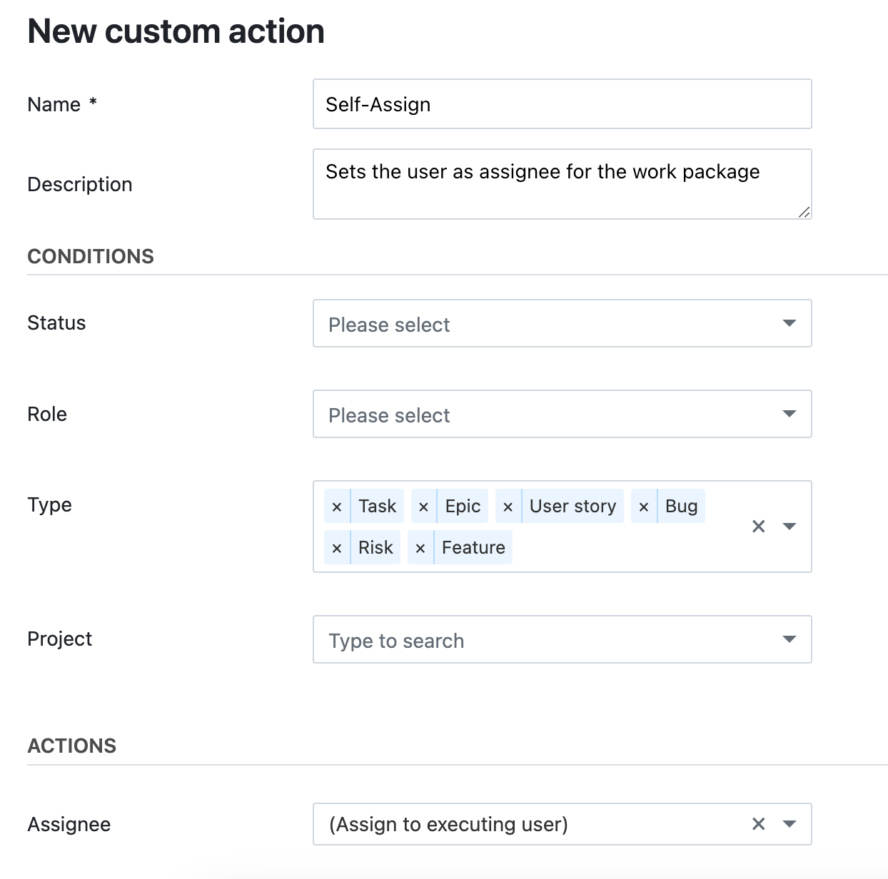 Filled out form to create a custom action for a self-assign button