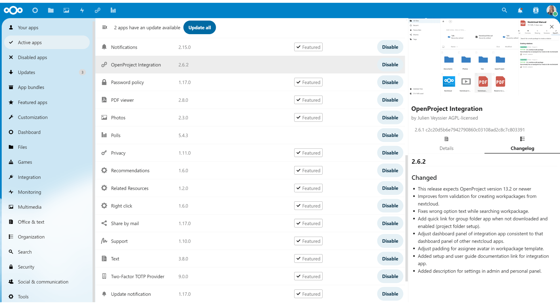 OpenProject integration app for Nextcloud released in version 2.6.2