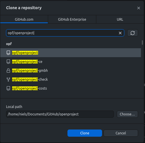 select cloned repository