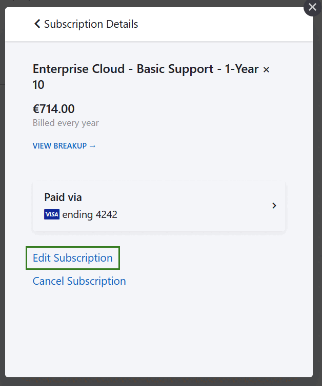 Edit subscription link in OpenProject Enterprise cloud administration