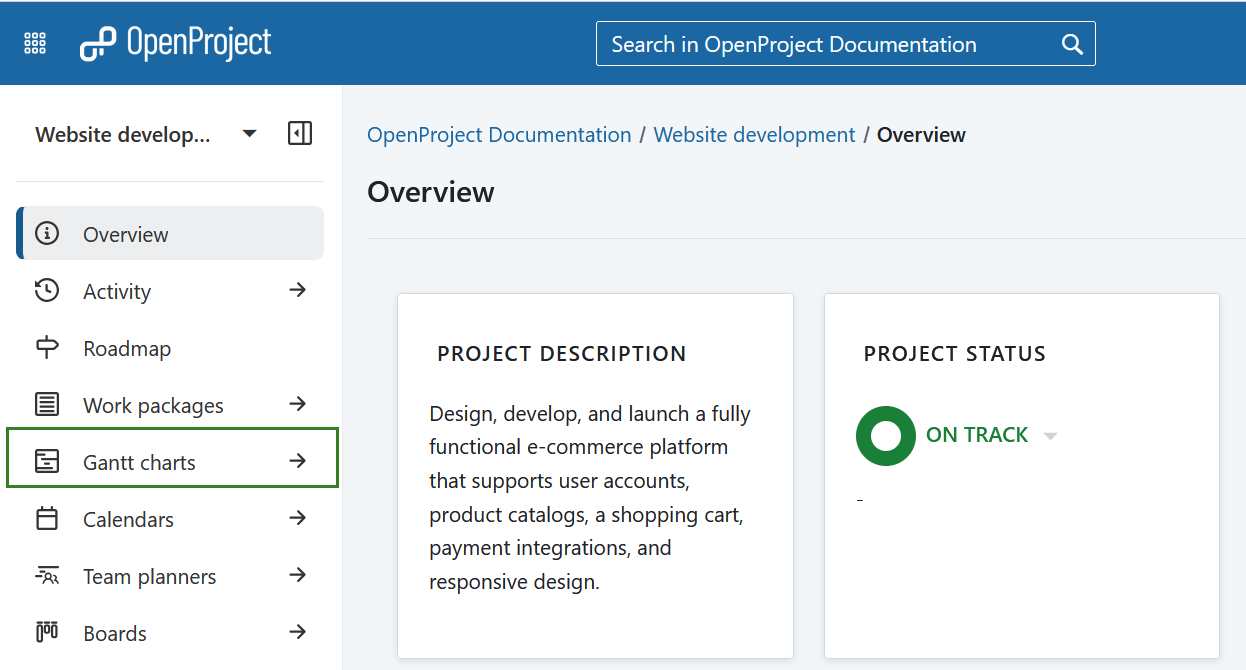Auswahl des Gantt-Diagramm-Moduls in OpenProject