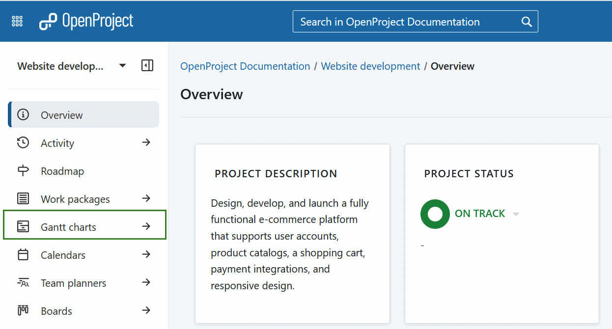 Auswahl des Gantt-Diagramm-Moduls in OpenProject