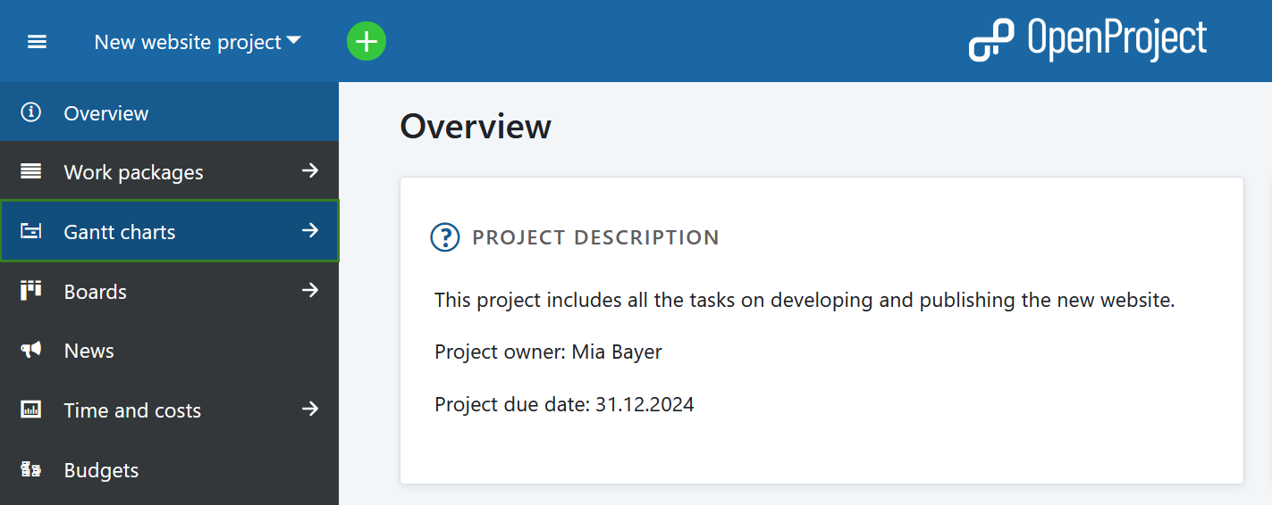 Auswahl des Gantt-Diagramm-Moduls in OpenProject