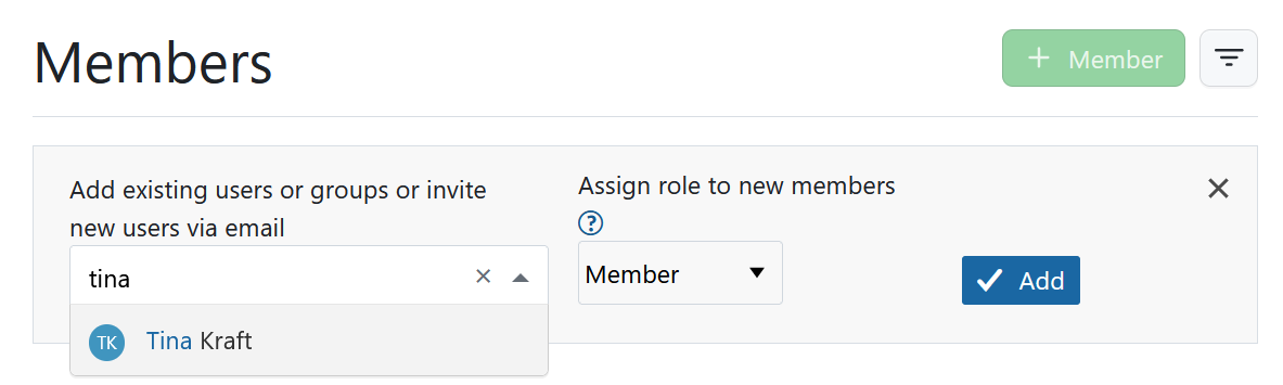 barre de recherche pour sélectionner des membres et inviter les membres
