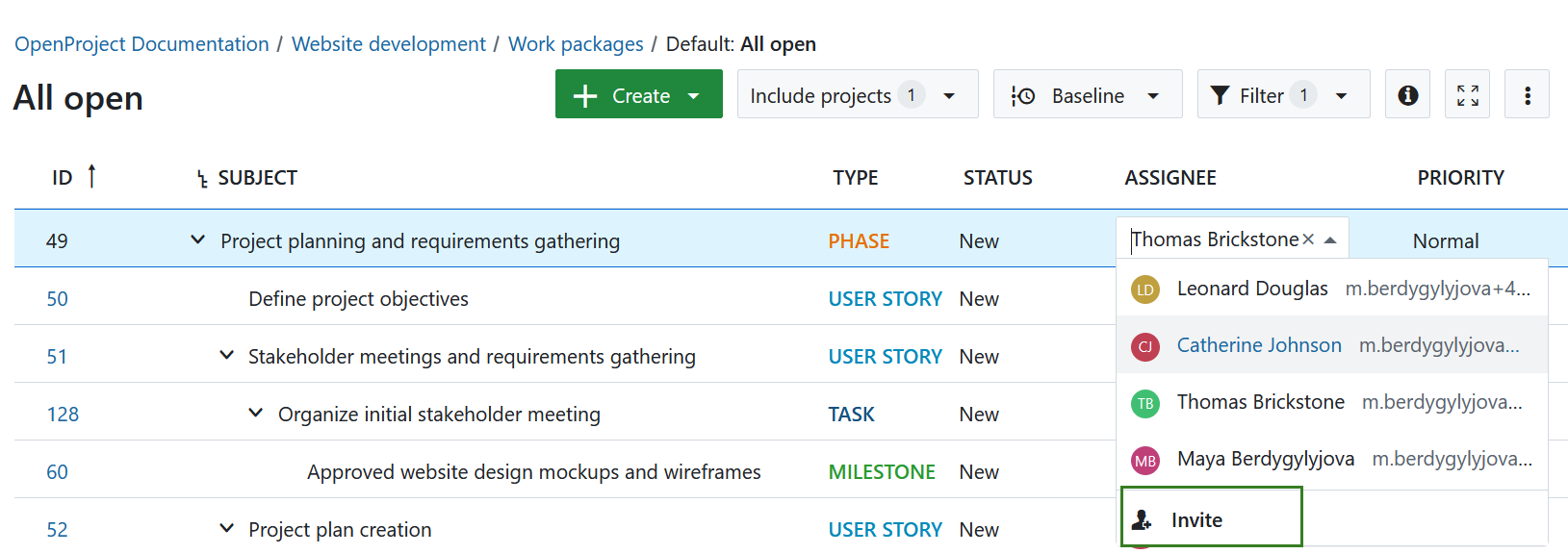 Convidar um utilizador a partir de um campo de encarregado de um pacote de trabalho no OpenProject
