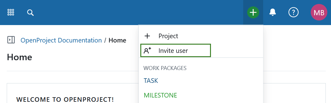 Botão para convidar novos utilizadores na navegação do cabeçalho do OpenProject