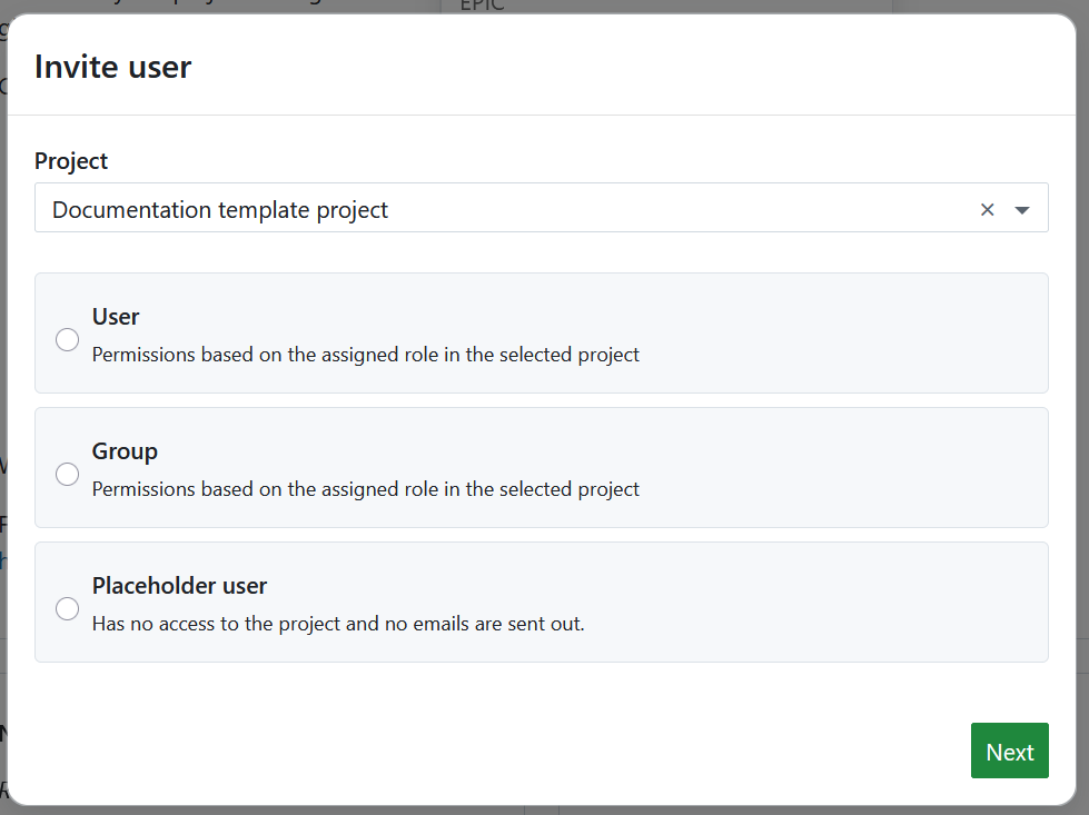 Formulário pop-up para convidar um novo utilizador no OpenProject