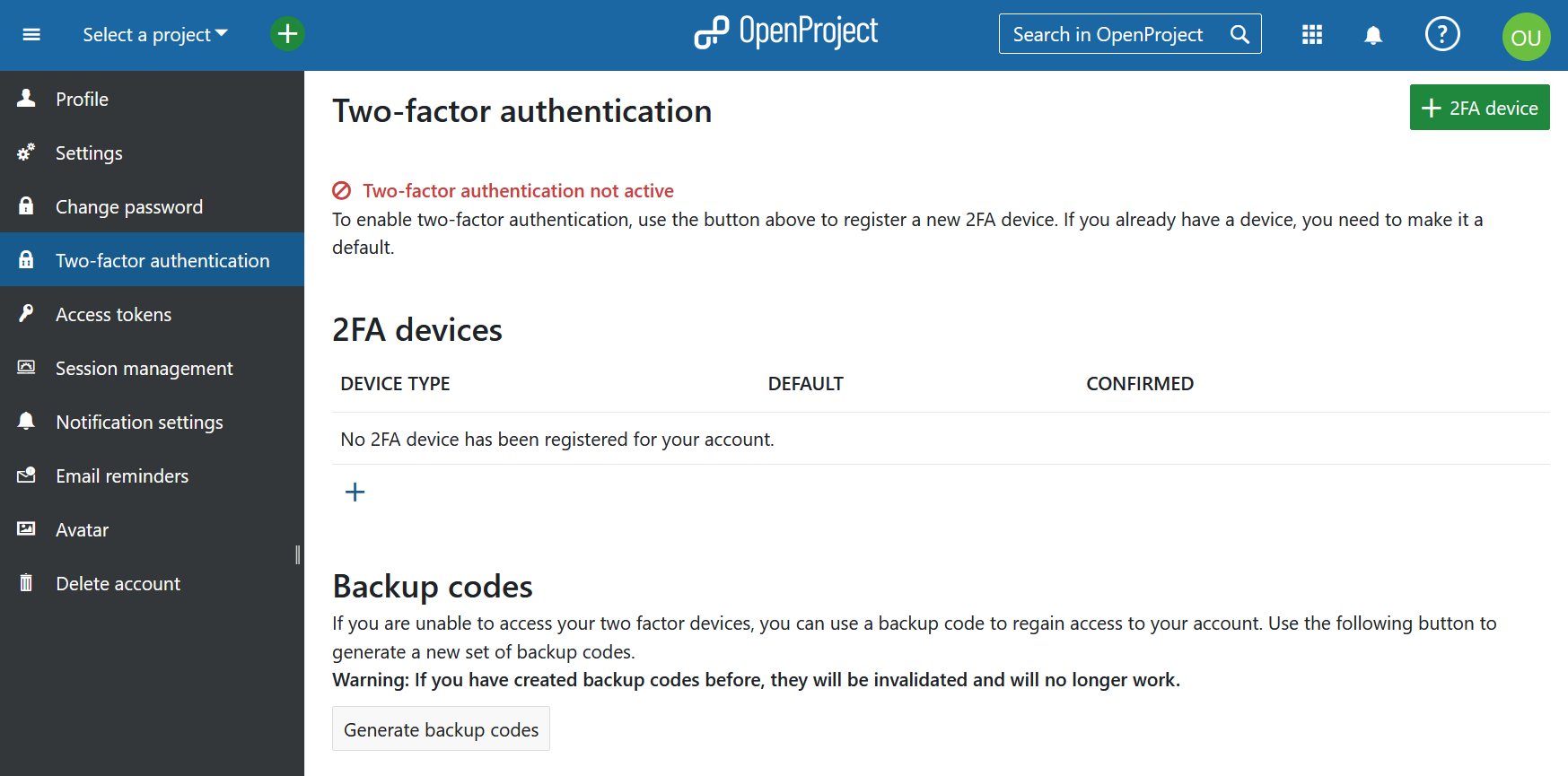 autenticación de dos factores de mi cuenta en OpenProject
