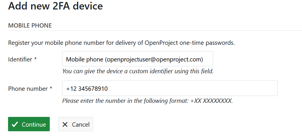Add a new mobile phone as a 2FA device in OpenProject