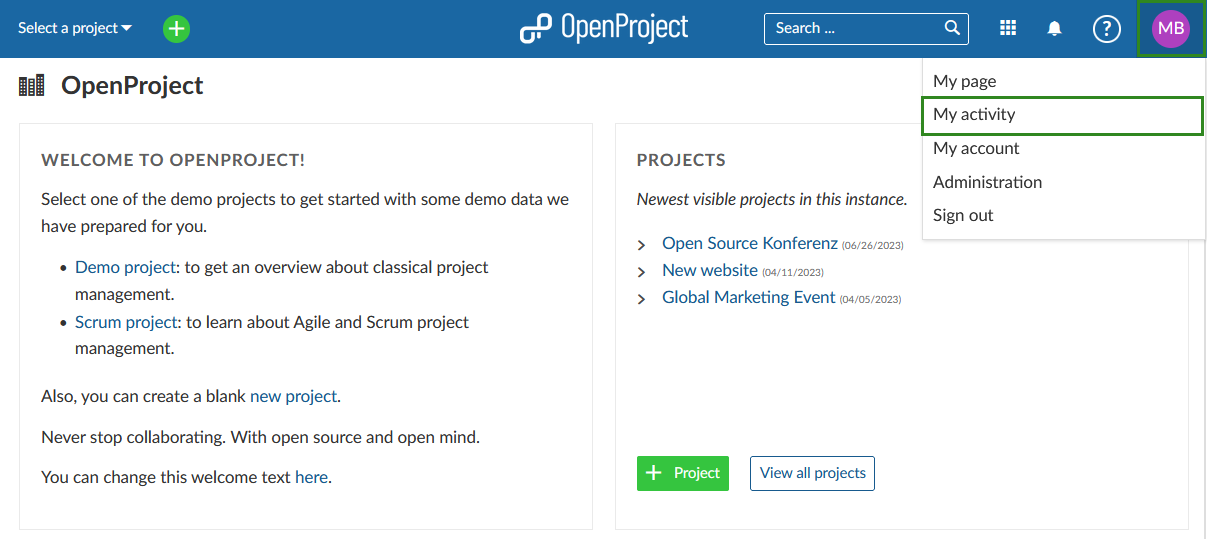 OpenProject Navigation zur Meine Aktivität Seite