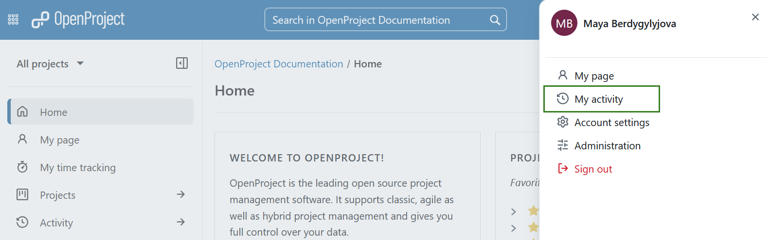 OpenProject naviguer vers la page Mon activité