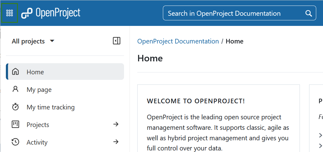 Gittersymbol in der oberen linken Ecke der OpenProject Kopfnavigation