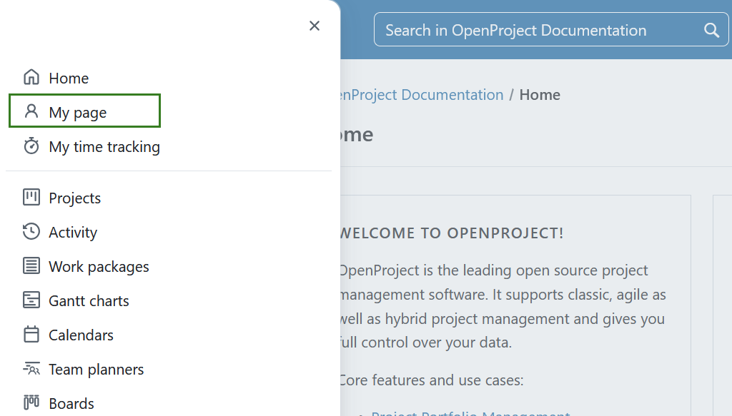 Ein Overlay-Menü mit globalen Modulen und weiteren Optionen in der Kopfnavigation in OpenProject