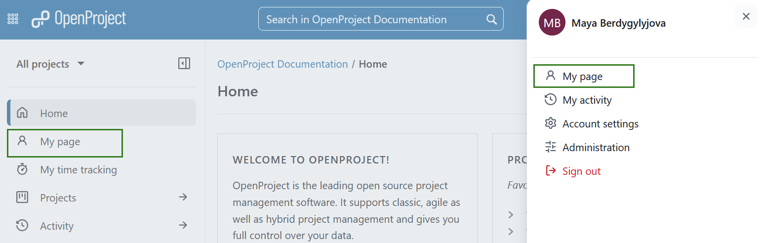 Navigiere zu meiner Seite in OpenProject