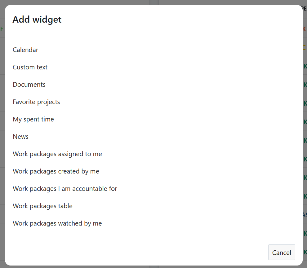 Una lista de widgets disponibles en mi página en OpenProject