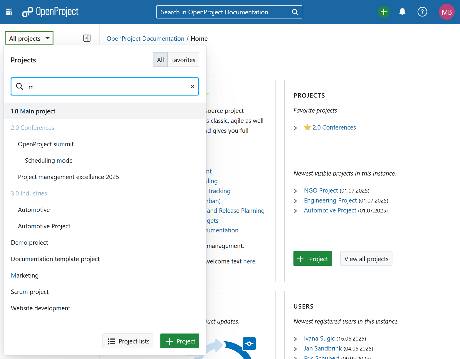 Project selection dropdown menu called “all projects” in the header navigation of OpenProject, opened and showing a list of existing projects