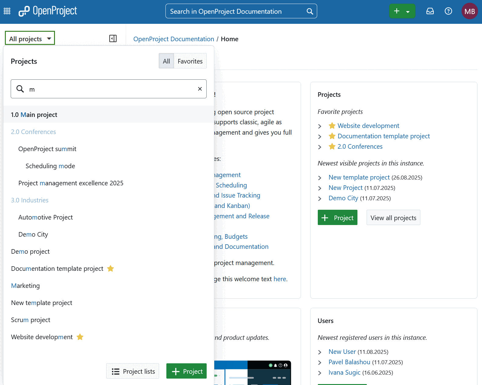 Menu déroulant de sélection de projet appelé « Tous les projets » dans l’en-tête de navigation d’OpenProject, ouvert et affichant une liste de projets existants