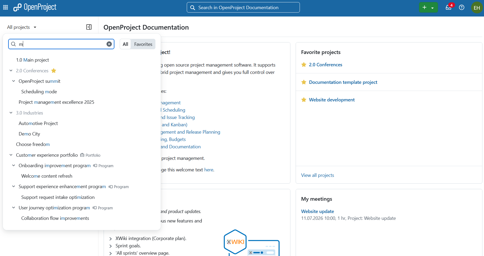 Menú desplegable de selección de proyectos denominado «todos los proyectos» en la navegación del encabezado de OpenProject, abierto y mostrando una lista de los proyectos existentes