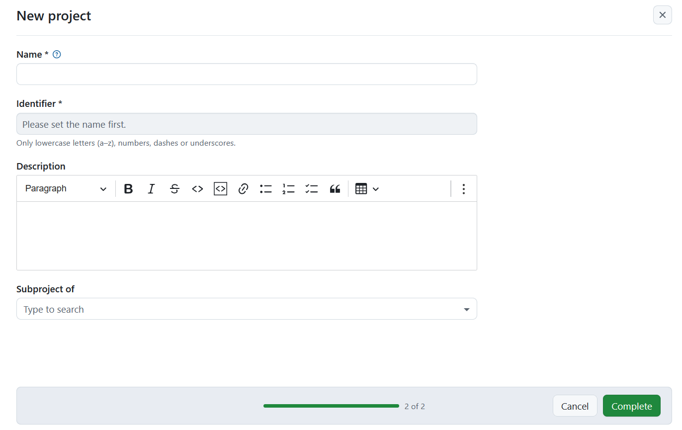 Dê um nome e crie um novo projeto no OpenProject